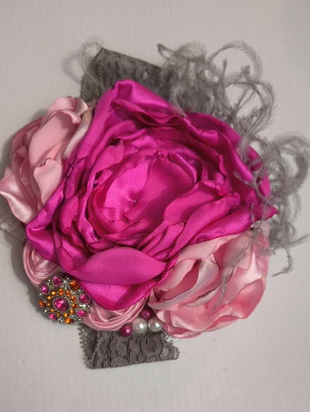 Pink Floral Satin Hair Clip with Beaded Accent